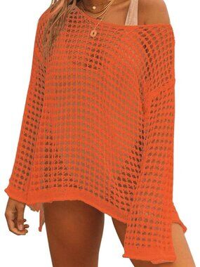 Women's Orange Crochet UPS For Sexy Hollow Out Up Knit Summer Outfits Swim Cover